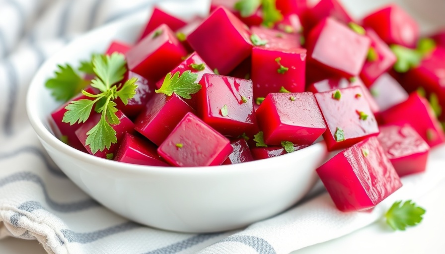 Vibrant beet salad with creamy dressing and herbs on a plate.