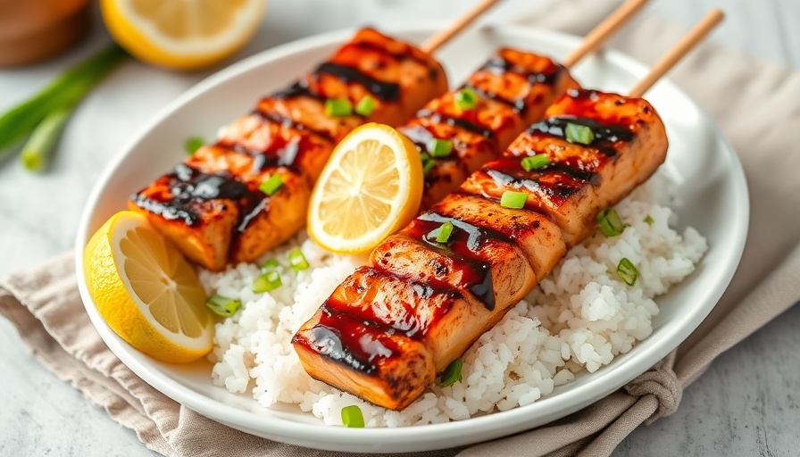 Miso salmon skewers on rice with lemon and onions.