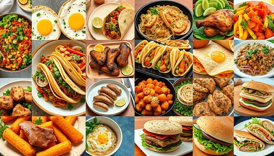 Colorful high-protein meal plan collage showcasing various dishes.