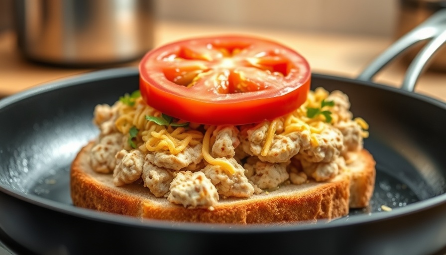 Healthy tuna melt recipe with tomato slice in a pan.