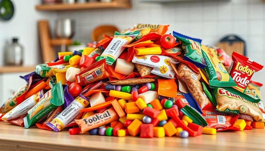 Colorful processed foods on kitchen table highlighting diabetes risks.
