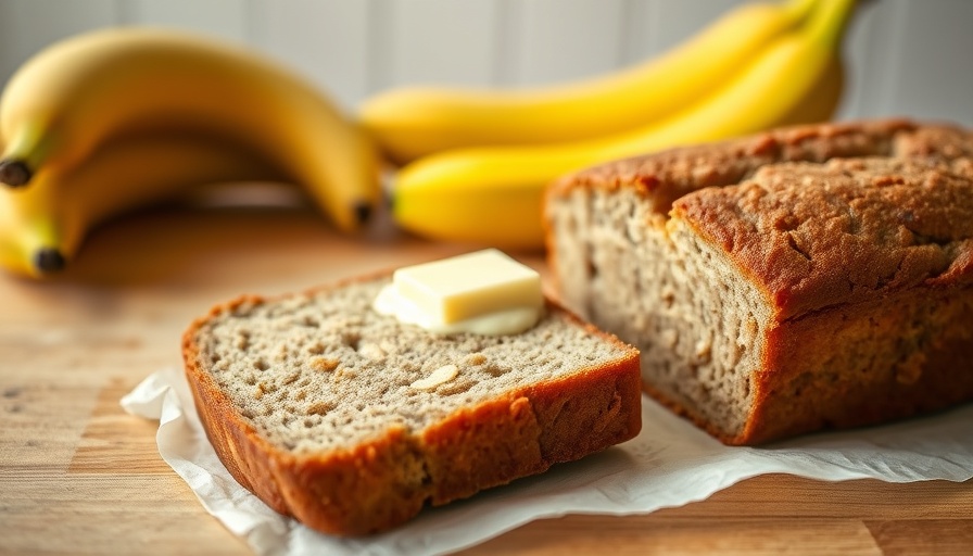 Moist sourdough discard banana bread with butter and bananas.