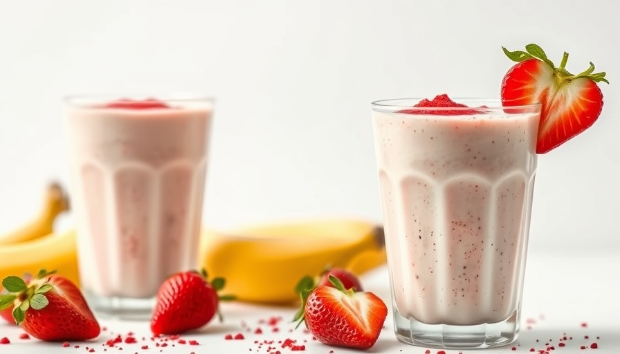 Three creamy strawberry banana smoothies with fresh toppings.