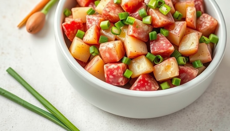Delicious red potato salad recipe with green onions in a white bowl.