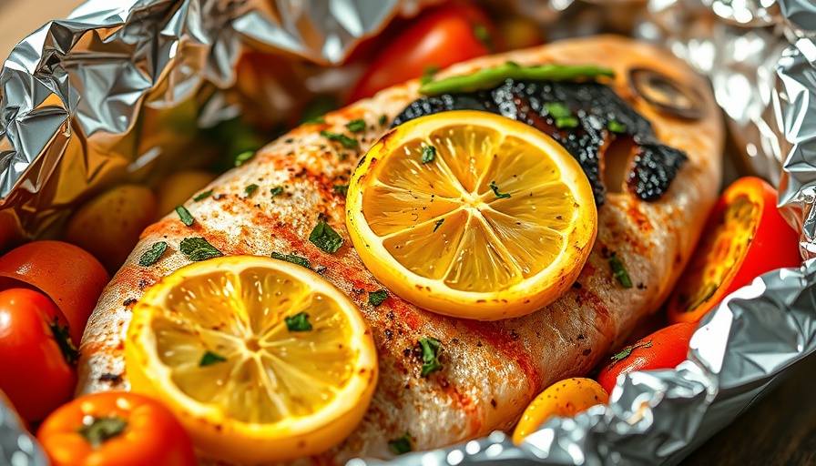 Mediterranean grilled fish packets with lemon and vegetables in foil.