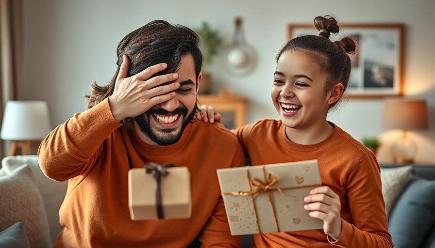 Father receiving health and wellness gifts for Father’s Day from daughter, joyful moment.