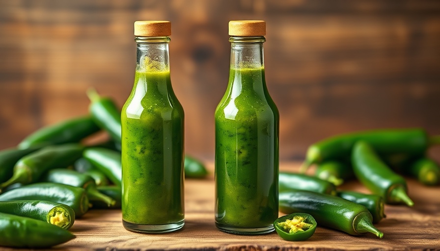 Vibrant green jalapeno hot sauce bottles on a wooden surface.