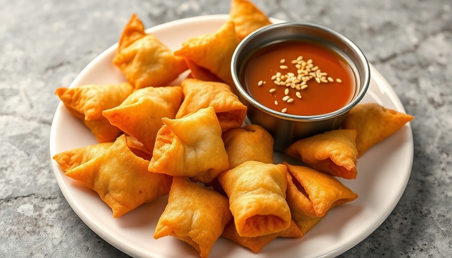 Air Fryer Crab Rangoon with dipping sauce on a white plate.