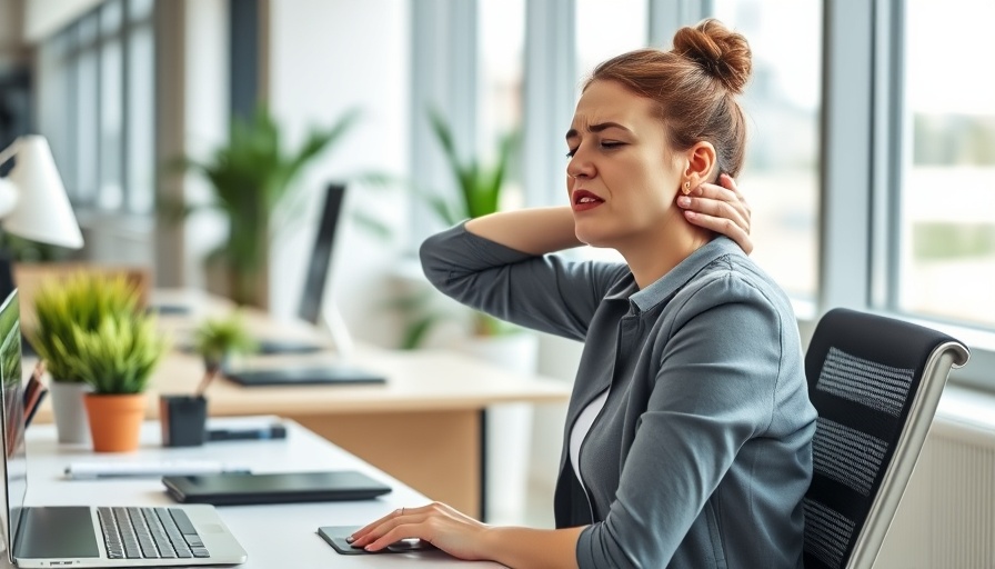 Young woman with neck pain at desk, promoting lumbar support and neck pain prevention.