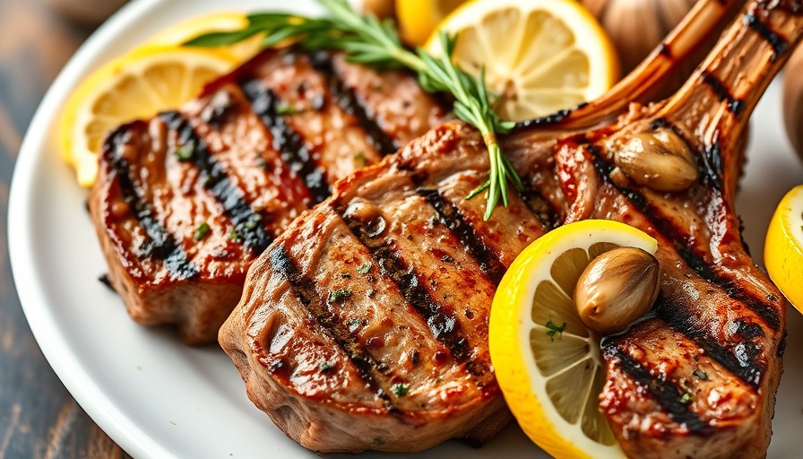 Grilled rosemary lamb chops with lemon and garlic on a plate.