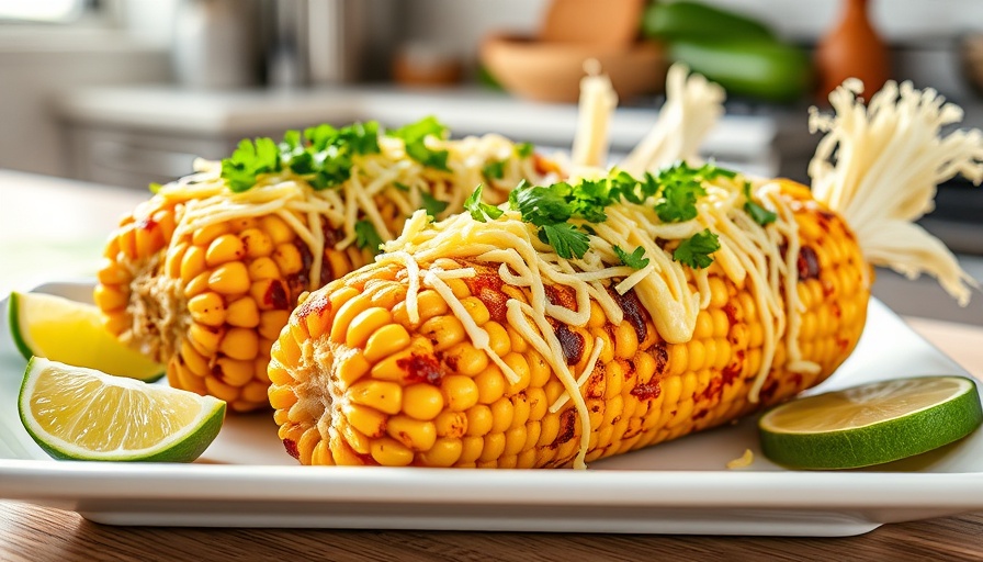 Healthy Mexican street corn with cilantro and lime wedges.