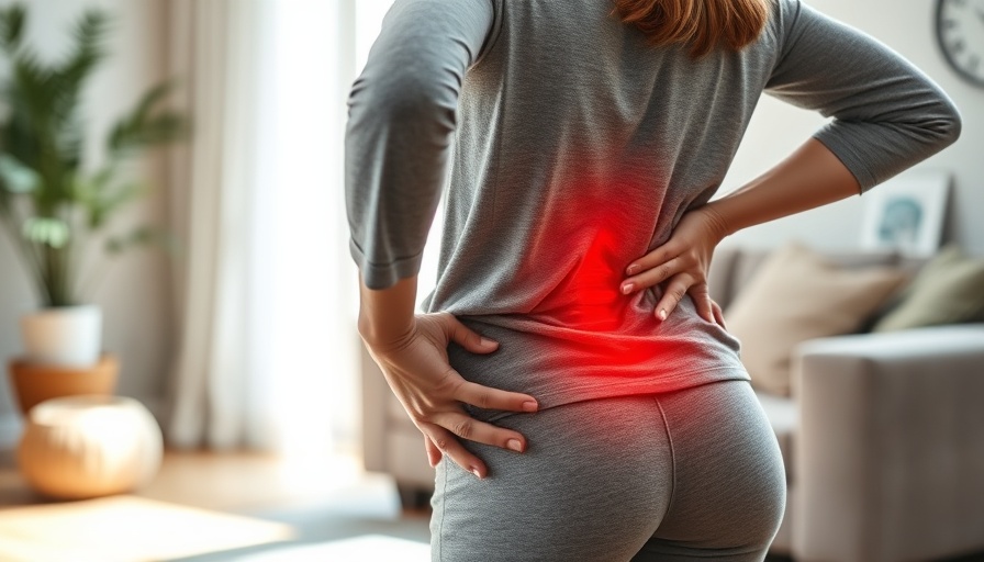 Young woman with sciatica pain holding back and hip.