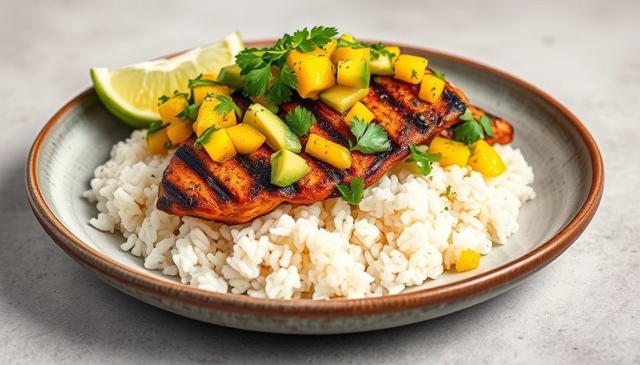Grilled jerk chicken with mango avocado salsa on rice, vibrant and appetizing.