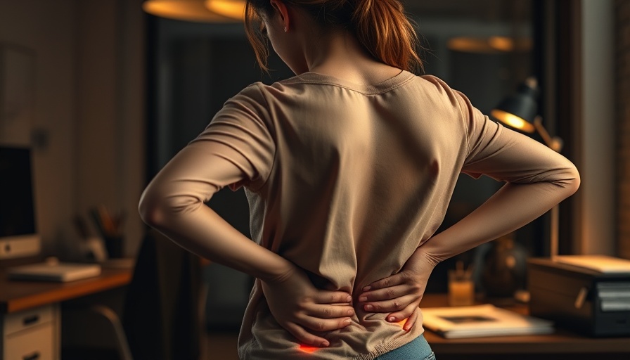 Young woman in office experiencing back pain, illustrating sciatica vs piriformis syndrome.