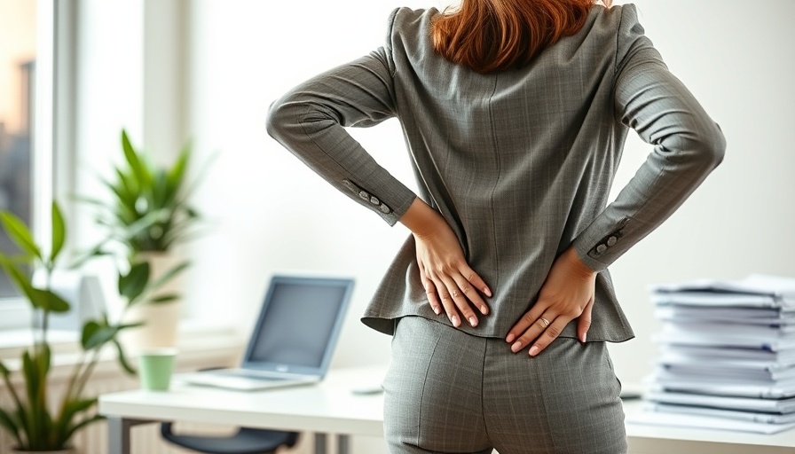 Office worker experiencing back pain at desk in ergonomic setting.
