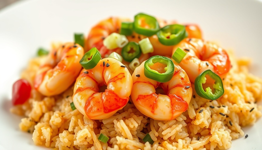 Spicy shrimp crispy rice with jalapeños and sesame seeds.
