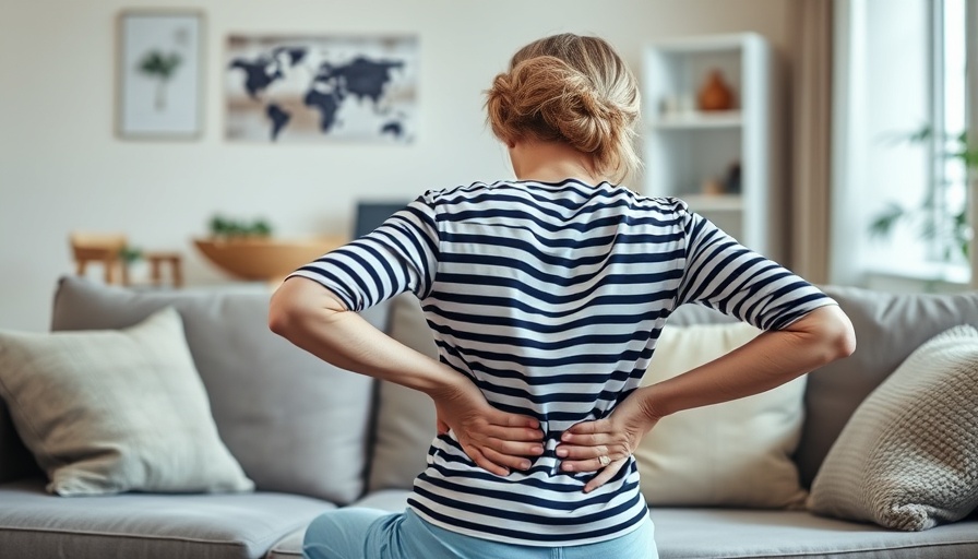 Woman sitting on couch holding back, indicating spinal stenosis discomfort.