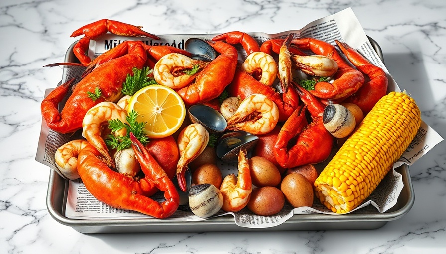 One Pot Seafood Boil with crab, shrimp, and corn on newspaper.