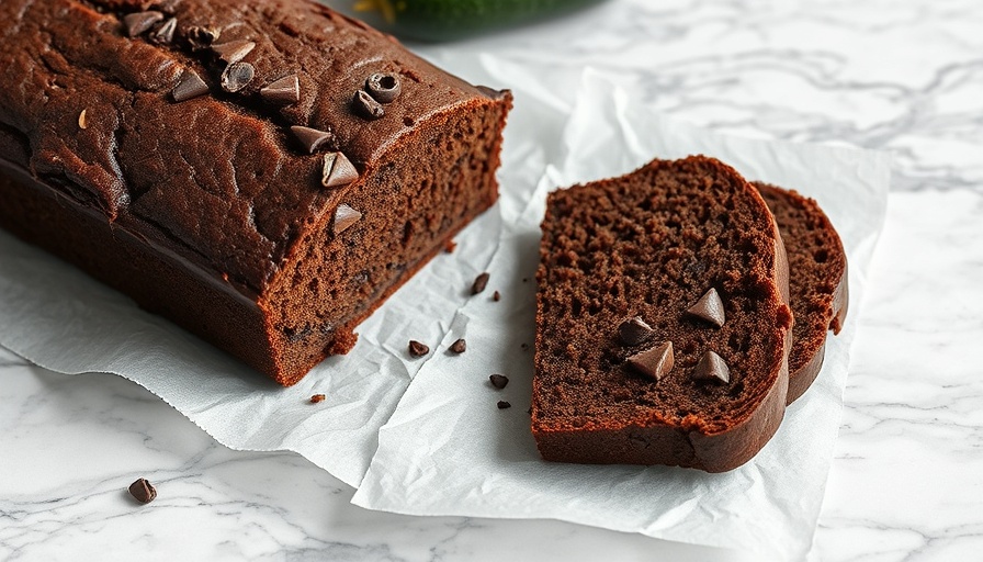 Sliced chocolate zucchini bread on parchment atop marble surface.