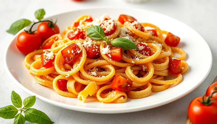 Fresh Tomato Pasta Recipe on white plate with basil and Parmesan.
