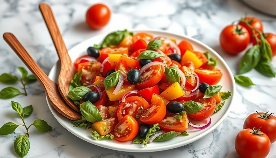 Colorful heirloom tomato salad recipe with onions and olives.