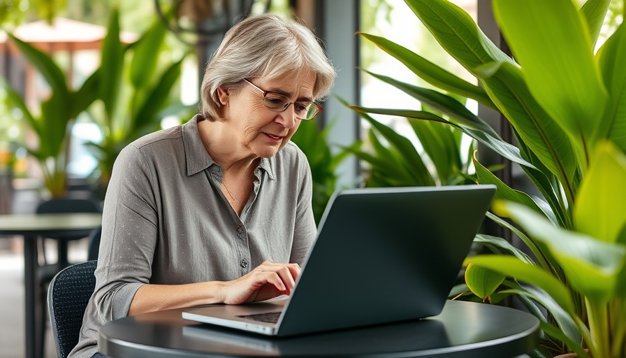 Middle-aged woman with posture mistakes working on a laptop outdoors.