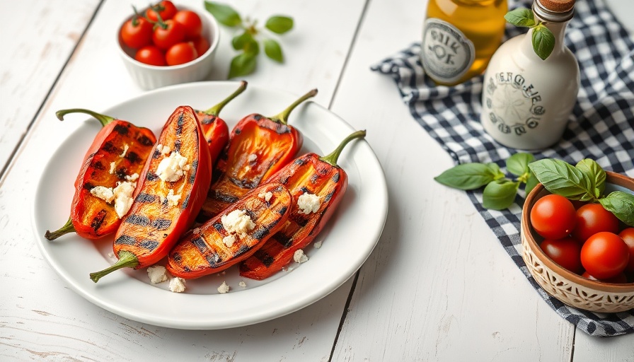 Grilled peppers with gorgonzola on a white dish with tomatoes and basil.