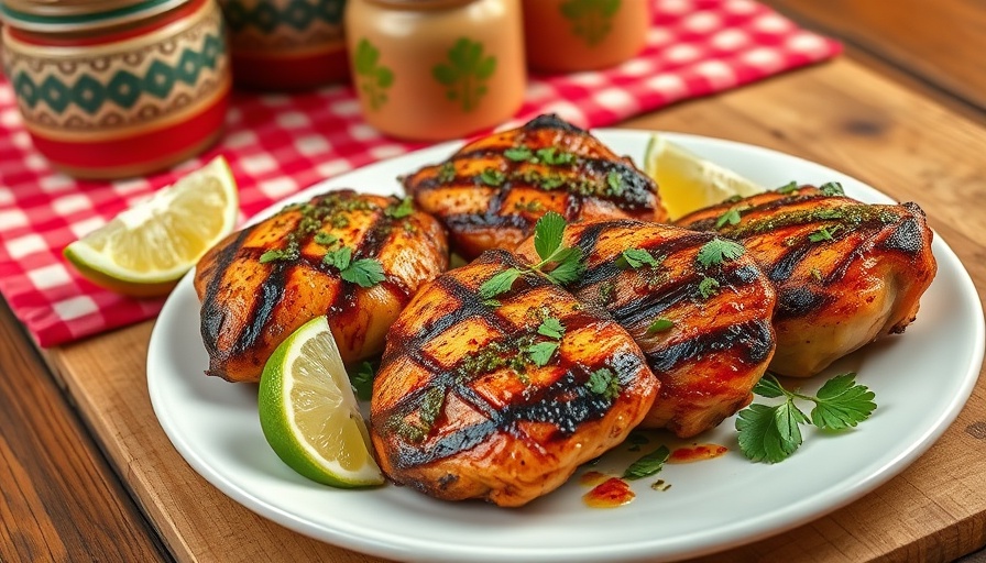 Calabrian Pepper Pesto Grilled Chicken with lime and decor.