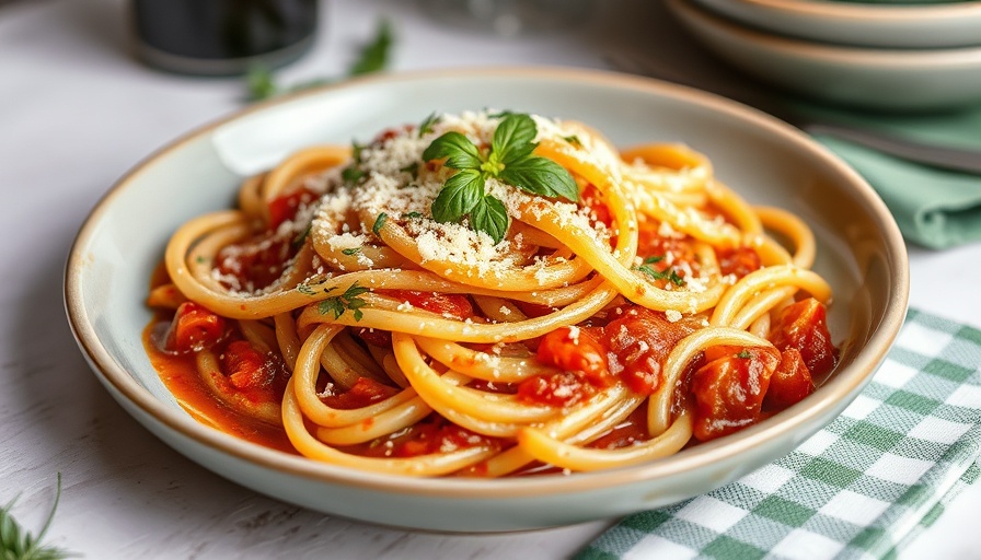 Delicious pasta with nduja and cheese garnished on a white plate.