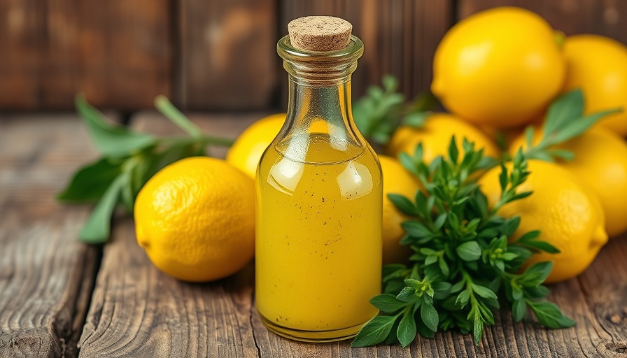 Whole lemon vinaigrette recipe with fresh lemons and herbs on wooden table.