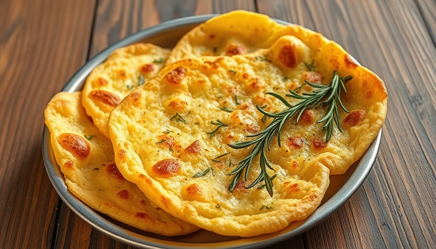 Golden crispy potato flatbread with rosemary on rustic plate.