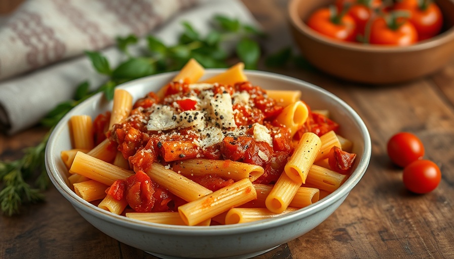 Bowl of pasta with roasted tomato and pepper sauce.