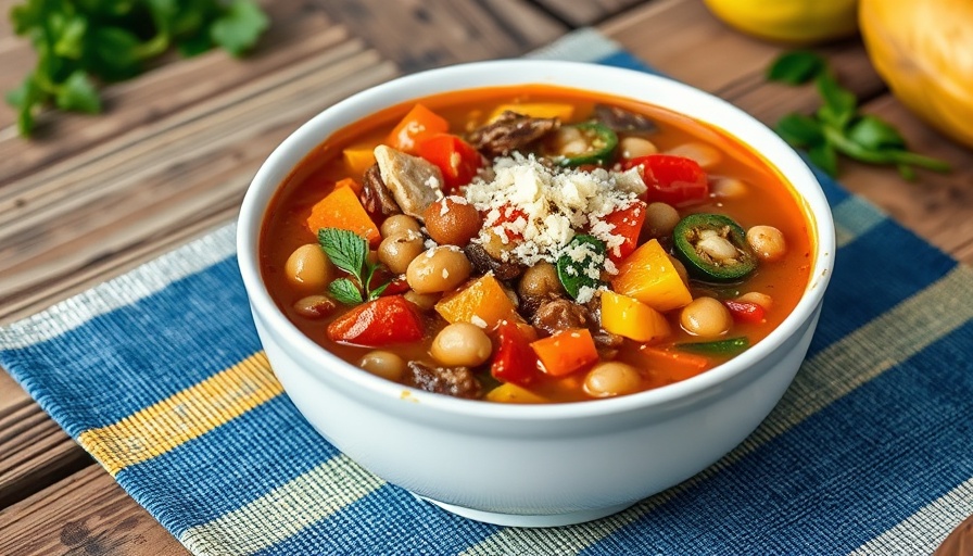 Summer garden minestrone with fresh borlotti beans in a bowl on rustic table.