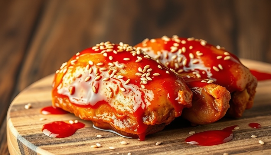 Delicious sriracha chicken recipe with sesame seeds on a wooden board.