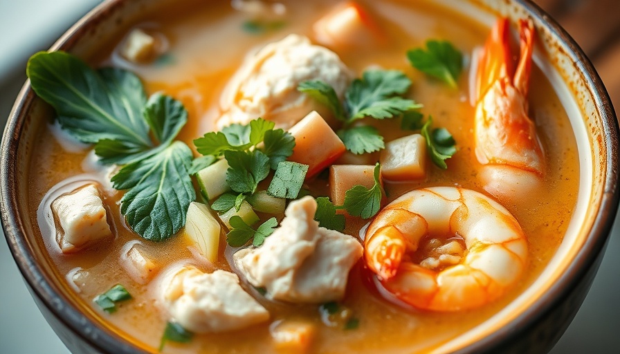 Thai Coconut Soup with Chicken and Shrimp in a bowl.