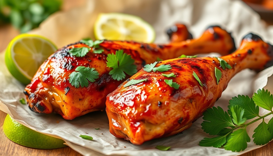 Juicy homemade tandoori chicken legs with lime on parchment paper