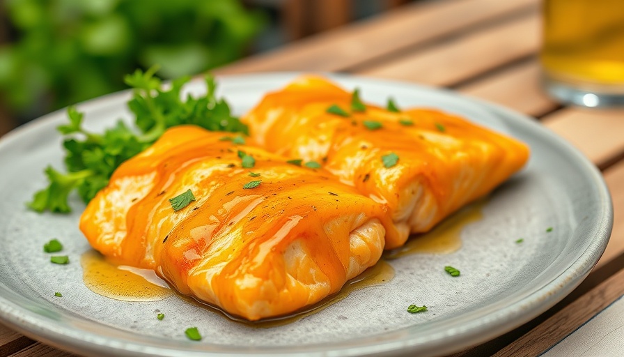 Honey mustard salmon fillets garnished with herbs on a plate.