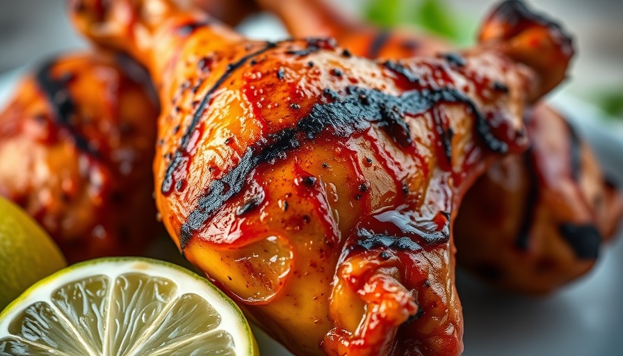 Delicious grilled jerk chicken legs with lime wedge recipe.