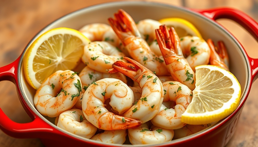 Garlic herb oven baked shrimp with lemon wedges.