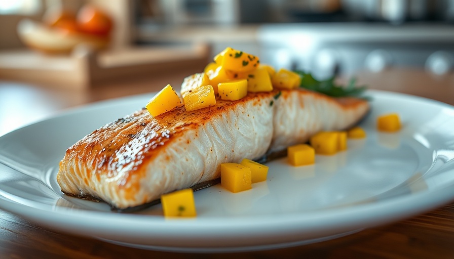 Seared salmon with mango salsa beautifully garnished.