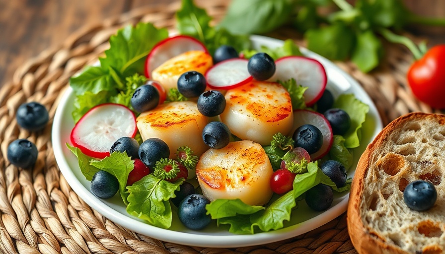 Gourmet scallop salad with greens and bread - Seafood Picnic Recipes.