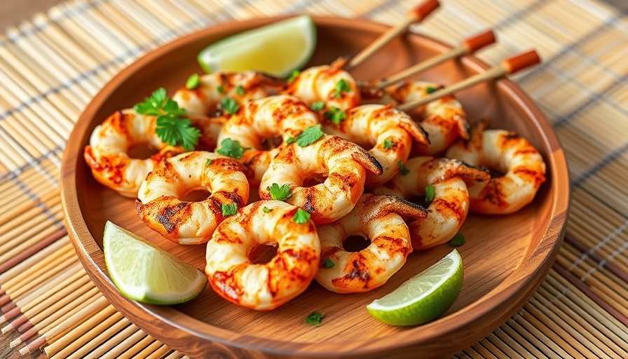 Grilled shrimp skewers with lime on bamboo mat.
