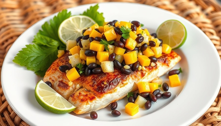 Colorful spicy surimi salad with mango salsa on fish
