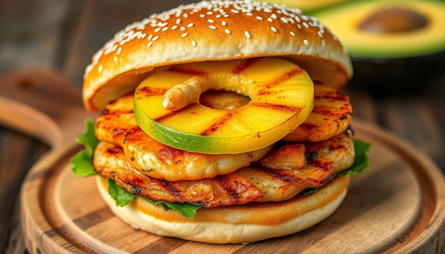 Gourmet seafood burger with pineapple and avocado on a sesame bun, Vacation-Inspired Seafood Recipes.