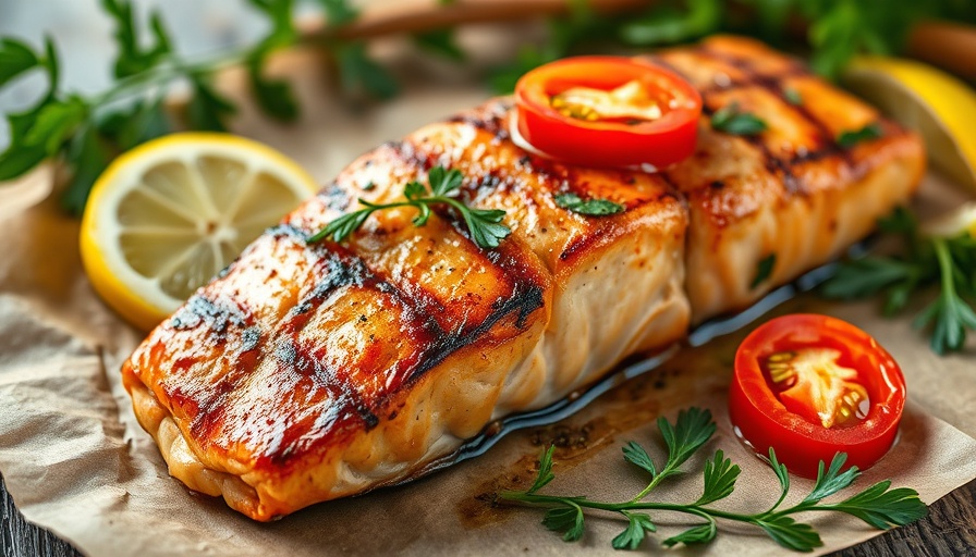 Juicy salmon fillet with fresh toppings on rustic paper
