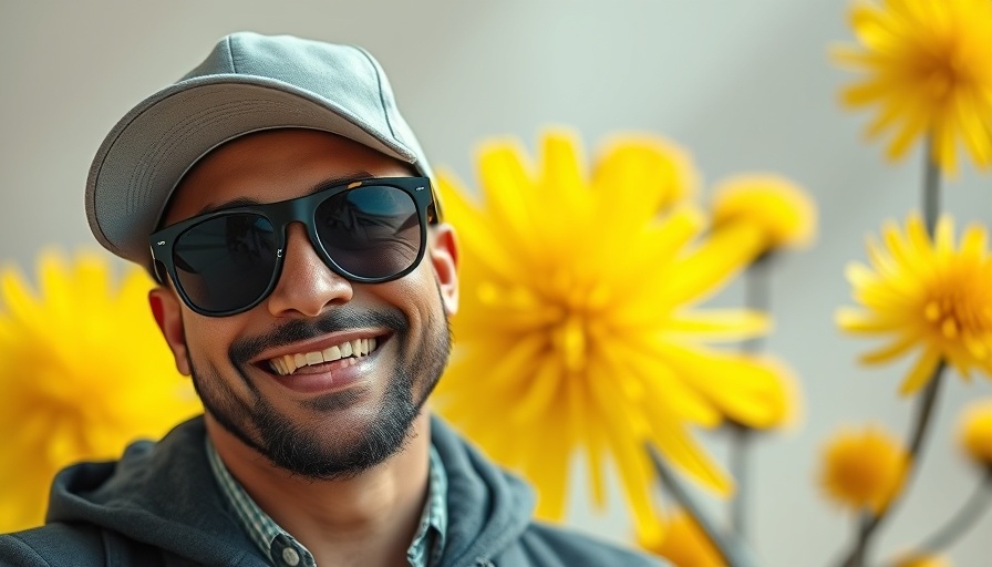 Man smiling with sunglasses and cap in artistic setting