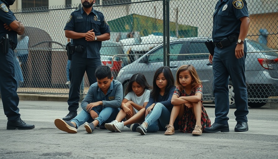 ICE operations impact immigrant families; people seated, officers stand.