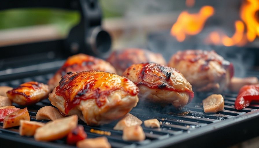 Juicy chicken thighs smoking on a griddle during barbecue.