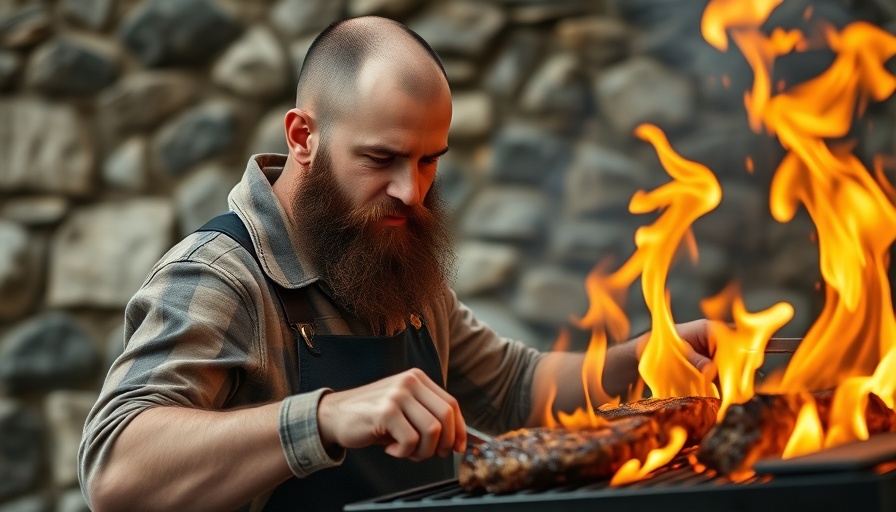 Man demonstrating Meathead Method for Barbecue with intense flames.
