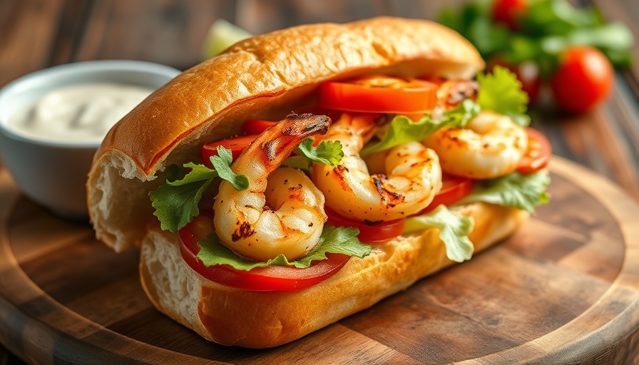 Grilled Shrimp Po’Boy sandwich with tomatoes and lettuce on a wooden board.